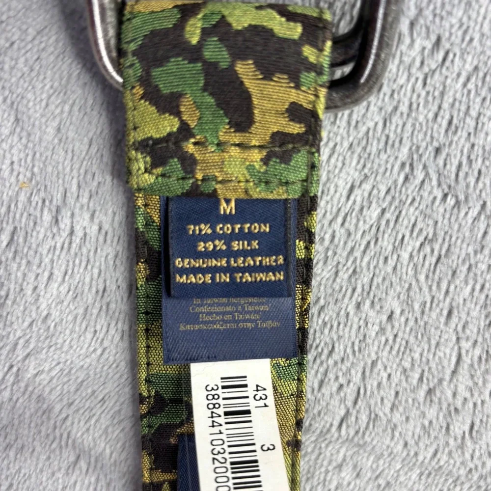 Brooks Brothers Belt Men Medium Green Camo Cotton Silk D-Ring Leather Trim